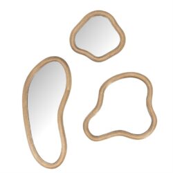 Unieke houten wandspiegel set met organische vormgeving, handgemaakt van natuurlijk hout voor een moderne, natuurlijke uitstraling in elke interieurstijl.