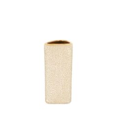 Gepolijst keramieken vaas met speelse stippenpatroon in beige en goud, modern interieuraccessoire voor woonkamer of kantoor.