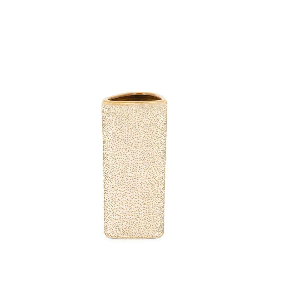 Gepolijst keramieken vaas met speelse stippenpatroon in beige en goud, modern interieuraccessoire voor woonkamer of kantoor.