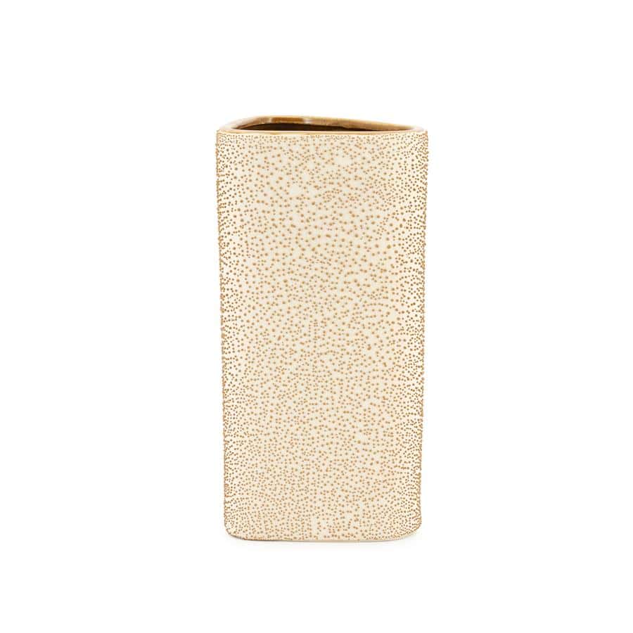 Highwaardige keramieken vaas met stijlvolle stippenprint, perfect voor modern interieur decor, verkrijgbaar bij Mokana Meubelen.