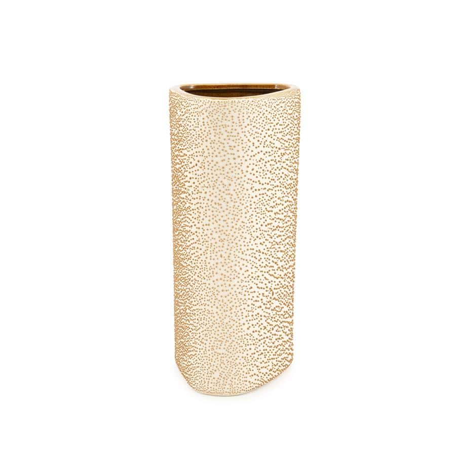 Grote keramieken vaas met een beige basis en een gedetailleerd gestippeld patroon, perfect voor moderne interieurdecoratie.