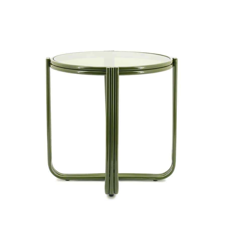 Elegante groene bijzettafel met glazen blad en metalen frame, modern design.