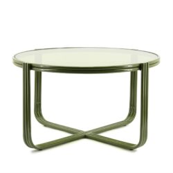 Moderne groene salontafel met glazen blad en metalen frame, ideaal voor een eigentijds interieur.