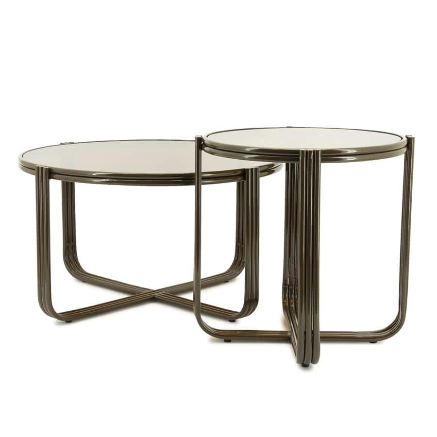 Elegante set van bijzettafels met ronde, glanzende tafelbladen en metalen frame, perfect voor modern interieur en flexibel gebruik.