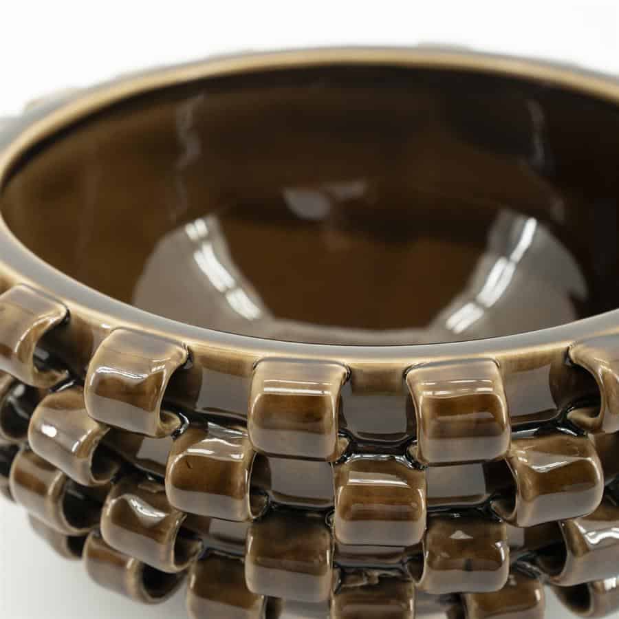 Elegante boeddha urn vaas met glanzende bruin glazuur en unieke keramieke details, perfect voor decoratie en spiritualiteit, gemaakt door Mokana Meubelen.