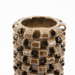 Elegante, vintage keramieken vaas met een uniek geblokt patroon in bruintinten, perfect voor moderne interieurdecoratie en handgemaakte meubelaccessoires.