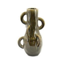 Vaas met meerdere handvatten van keramiek in groen-bruin glazuur, modern design met uniek gevormde handgrepen.