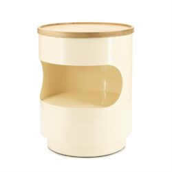 Modern beige en naturel houtenbijzettafel met ronde vormen, uitstekend geschikt voor living en slaapkamer als functionele decoratie.