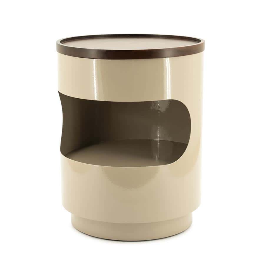Vintage nachtkastje met uniek ontwerp in beige en bruin, perfect voor een moderne slaapkamer. Gemaakt van hoogwaardige materialen, biedt stijl en functionaliteit.
