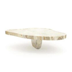 Zilveren marmeren salontafel met uniek sculptuurontwerp, moderne meubelstuk van hoge kwaliteit, perfect voor een eigentijds interieur.