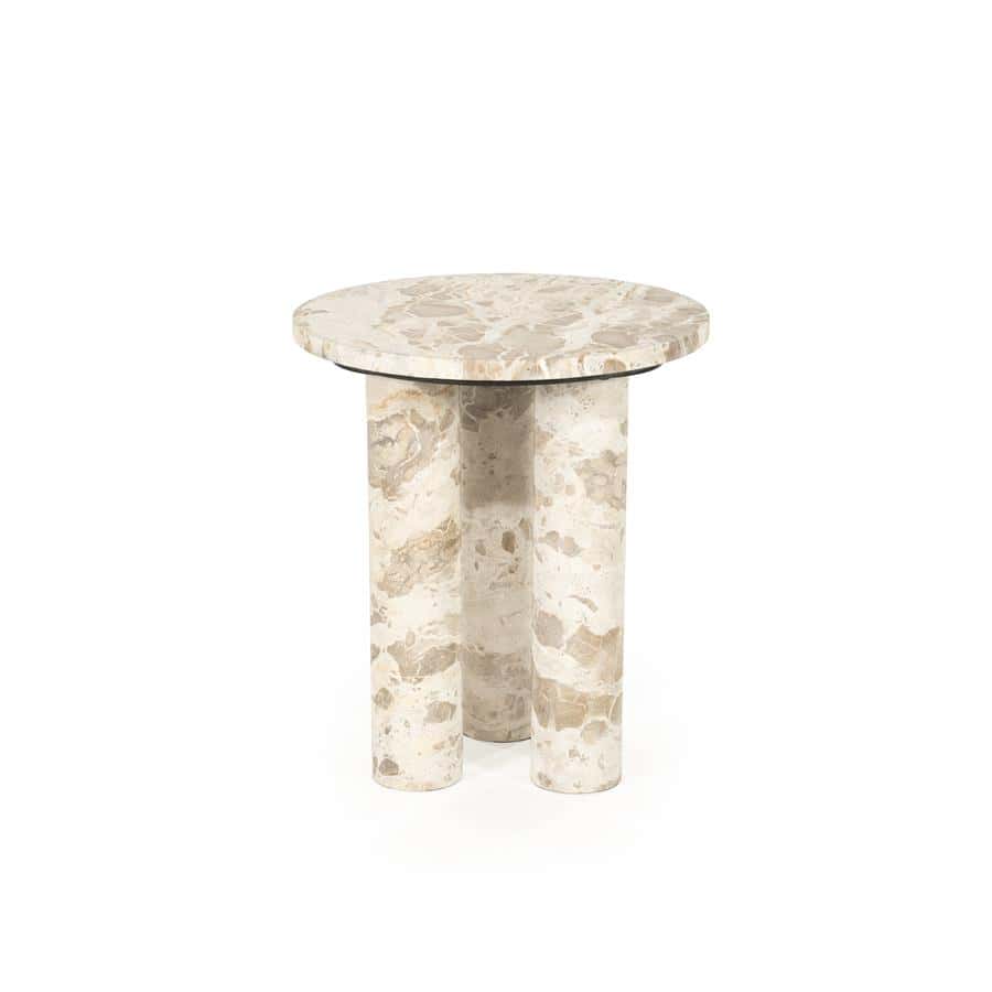 Foto van marmeren bijzettafel met ronde top en dikke cilindrische poten, modern design, stijlvolle meubelstukken voor woonkamer of hal, handgemaakt fineer, woonaccent meubels, Mokana meubelen, elegant en duurzaam.