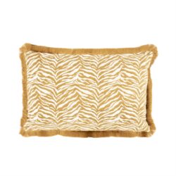 Zijden dierenprint kussen met franjes, goudkleurig en wit, luxe sierkussen voor woonkamer of slaapkamer, zachte textuur, trendy decoratie voor interieurstijl.