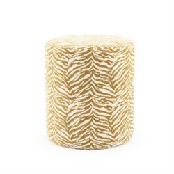 Zebra print stoffen poef in goud en wit decoratief meubel voor woonkamer of slaapkamer.