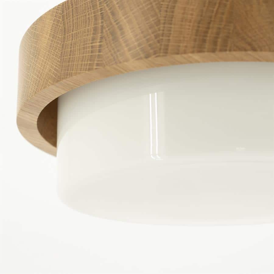 Elegante houten plafondlamp met wit glazen shade, moderne meubelontwerp, geschikt voor woon- en slaapkamerinterieur, hoogwaardige afwerking, stijlvolle verlichting.
