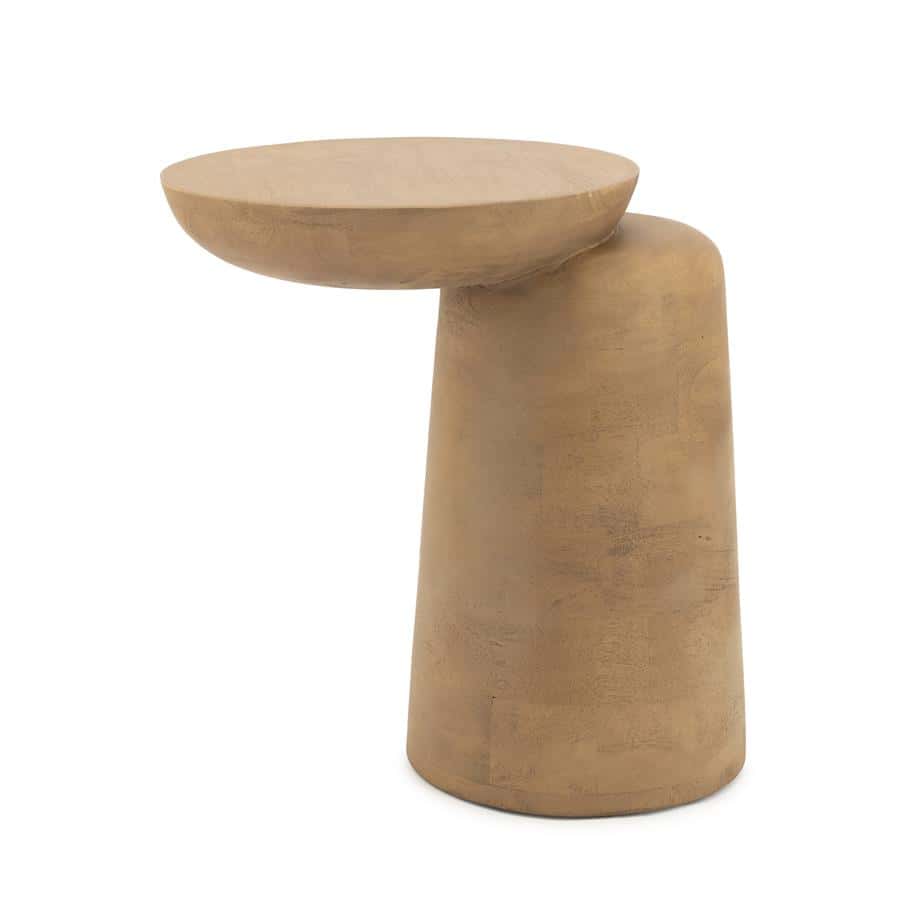Geperfectioneerde houten bijzettafel met een unieke sculpturale vorm, ideaal voor modern interieur en natuurlijke decoratie.