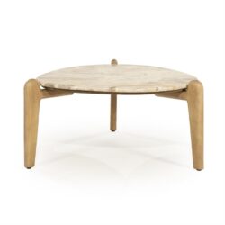 Houten salontafel met marmeren blad, landelijke ontwerp, stijlvolle woonaccessoire.