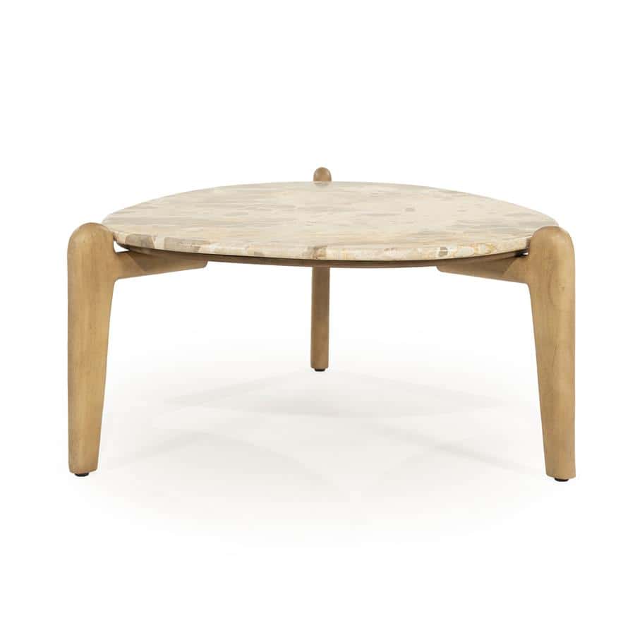 Houten salontafel met marmeren blad, landelijke ontwerp, stijlvolle woonaccessoire.