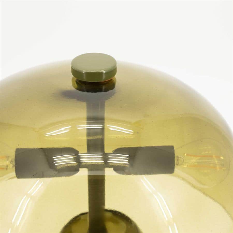 Gele glazen lamp met groene knop, modern design, vintage uitstraling, perfecte verlichting voor woonkamer of kantoor, unieke decoratie, Mokana Meubelen.