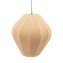 Kaarskleurige houten hanglamp met stoffen kap, modern design, perfect voor woonkamer of slaapkamer, biedt sfeervolle verlichting en natuurlijke uitstraling.