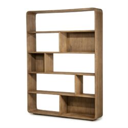 Vintage houten boekenkast met meerdere vakken, modern design, slank en functioneel, perfect voor woonkamer of kantoor, natuurlijke afwerking.