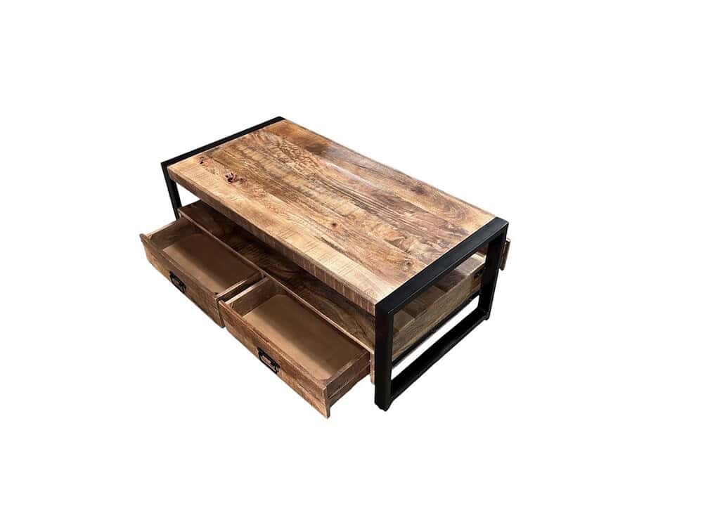 Rustieke houten salontafel met opberglades en zwart metalen frame, perfect voor een industrieel interieur. Handgemaakt, duurzame materialen, unieke houtnerven en multifunctioneel design.