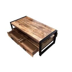 Rustieke houten salontafel met opberglades en zwart metalen frame, perfect voor een industrieel interieur. Handgemaakt, duurzame materialen, unieke houtnerven en multifunctioneel design.