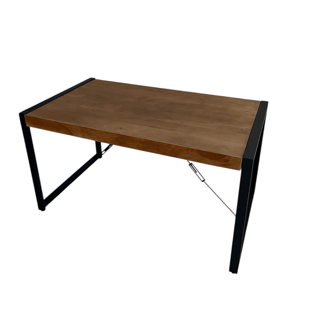 Elegante eettafel van massief hout met zwart metalen frame, modern industrieel ontwerp, geschikt voor woon- en eetkamers, duurzame kwaliteit, maatwerk mogelijk bij Mokana Meubelen.