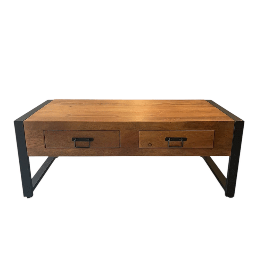 Robuuste houten salontafel met zwart metalen frame, twee lades voor praktische opbergruimte, industrieel design, hoogwaardige afwerking, perfect voor woonkamer inrichting, Mokana Meubelen.