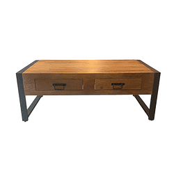 Elegante houten salontafel met twee lades en zwart metalen frame, perfect voor moderne woonkamers.
