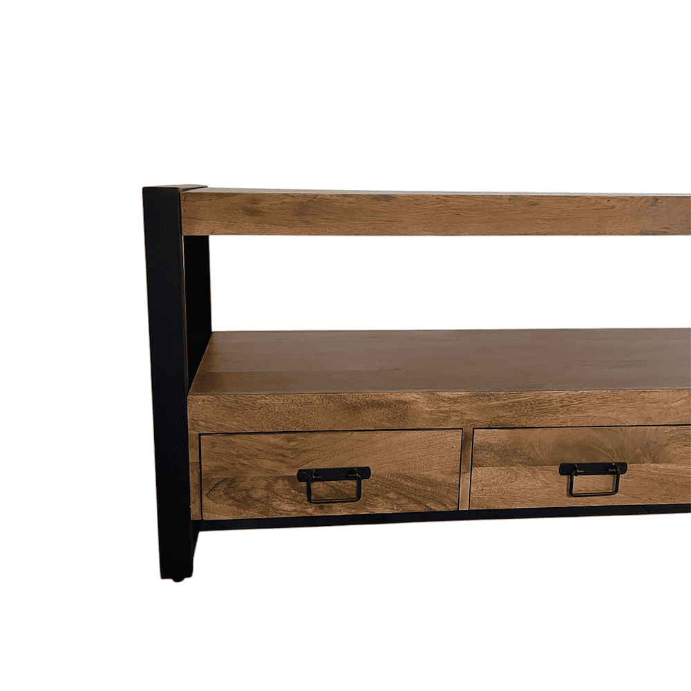 Houten tv-meubel met zwarte metalen frame en laden, modern industrieel design, perfect voor woonkamer of slaapkamer.