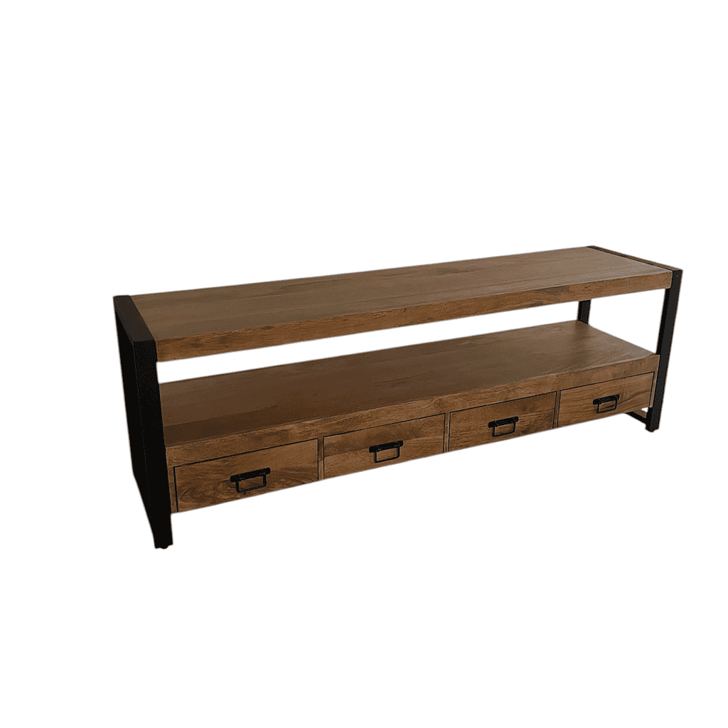 Steigerhouten bank met opbergladen en metalen frame, perfect voor woonkamer of veranda. Handgemaakt, duurzaam en stijlvol design gecombineerd met functioneel opbergvermogen.