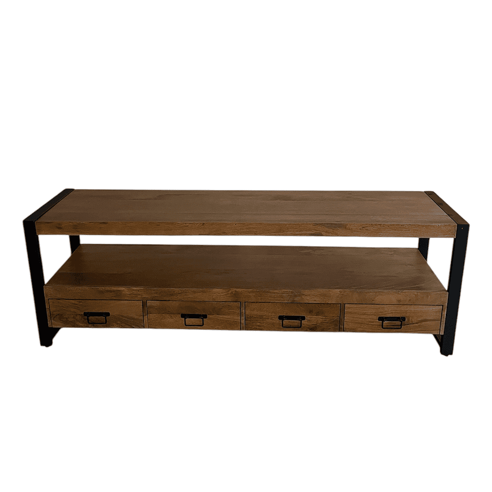 Robuuste houten salontafel met metalen frame en opbergladen, perfect voor industrieel interieur, duurzaam en stijlvol woonkamermeubel van Mokana Meubelen.