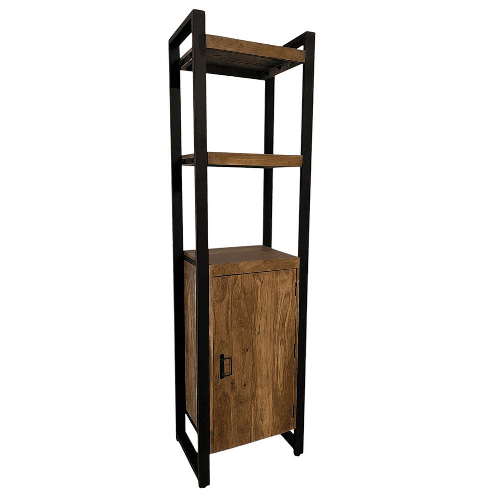 Mooi industrieel houten vrijwaardeiland met open vakken en een gesloten kast, perfect voor woonkamer of kantoor, gemaakt door Mokana Meubelen, duurzame en moderne meubelstijl.
