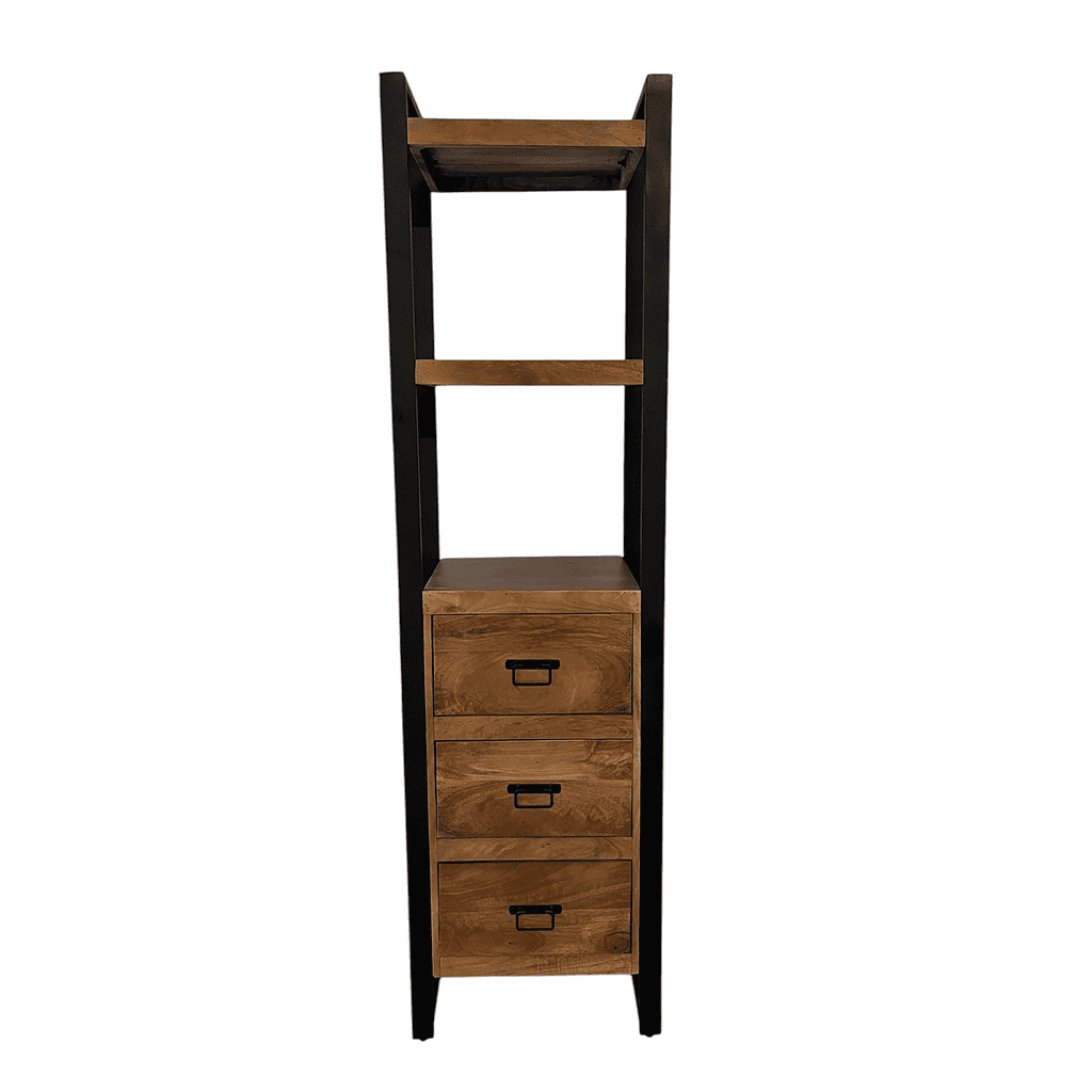 Robuuste houten ladekast met zwart metalen frame, modern industrieel ontwerp voor woon- of kantoorruimte. Perfect voor opslag en decoratie.
