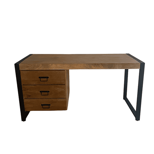 Kwaliteit hout industrieel bureau met drie laden en zwart metalen frame, perfect voor een moderne kantoor- of thuiskantoor inrichting.