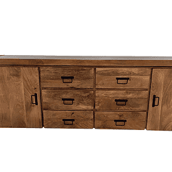 Robuuste houten sideboard met 8 laden en 2 ruime deuren, perfect voor woon- en eetkamer. Handige opbergruimte in massief hout met zwarte handvatten, ambachtelijk vervaardigd door Mokana Meubelen.