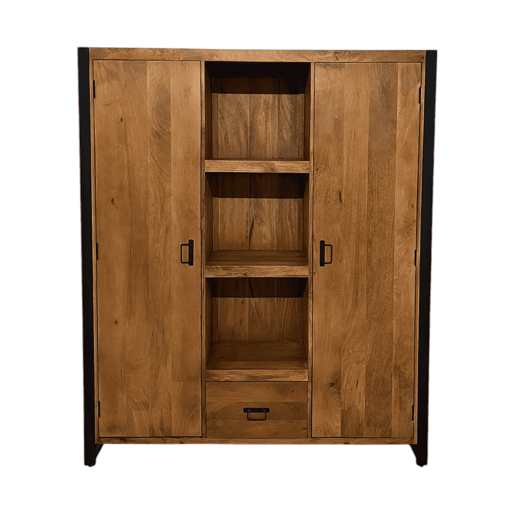 Elegant houten kast met zwarte details, perfect voor modern interieur en opbergruimte.
