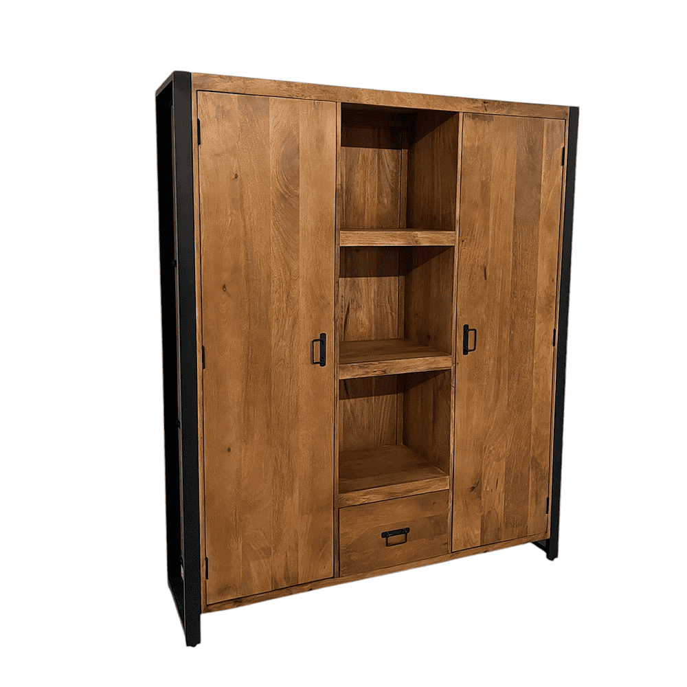 Robuuste houten wandkast met zwart metalen accenten, perfect voor modern interieur en opbergen van boeken en decoraties. Licht en stevig, ideaal voor woon- of kantoorruimte.