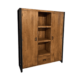 Robuuste houten wandkast met zwart metalen accenten, perfect voor modern interieur en opbergen van boeken en decoraties. Licht en stevig, ideaal voor woon- of kantoorruimte.