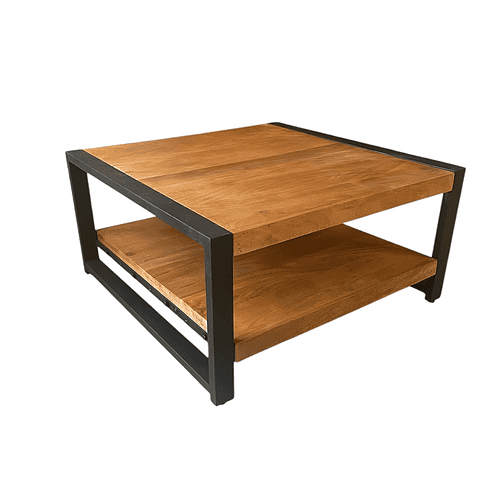 Grote houten salontafel met industrieel zwart metalen frame en dubbele opberglagen, perfect voor modern en stijlvol wonen.