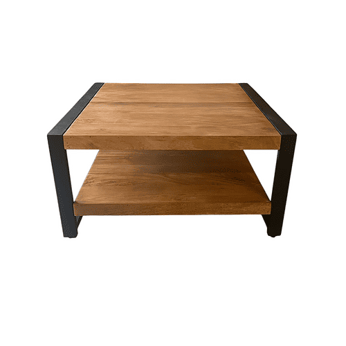 Rustieke houten salontafel met zwart metalen frame, modern en industrieel stijl, perfect voor woonkamer interieur.