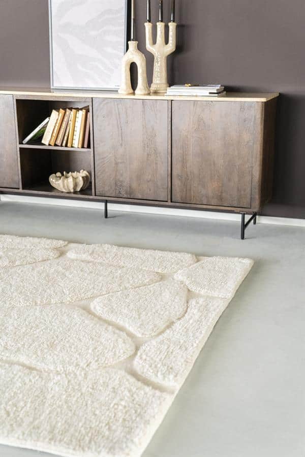 Modern houten dressoirkast met zwart metalen poten, elegante decoratie en designboeken, perfect voor een stylish woonkamer.