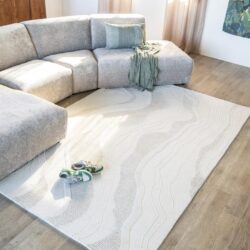 Lichte beige vloerkleed met golvende patronen op houten vloeren in woonkamer met moderne Bank.