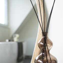 Elegant decor met zwarte diffuser sticks in een glazen vaas, perfect voor een stijlvol en rustgevend interieur, ontworpen door Mokana Meubelen.