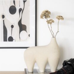 Mooi modern interieur met grappige diervaas, abstract kunstwerk en professionele camera op houten tafel, ideaal voor stijlvolle woon- en meubeldecoratie.