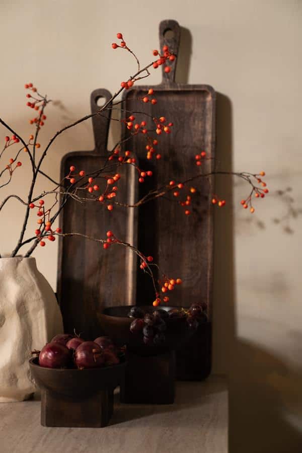 Volleerd houten snijplanken, decoratief met rode bessen en rode uien, rustiek landelijke sfeer, perfect voor keuken of interieur arrangementen, authentieke landelijke woonstijl, Mokana Meubelen.