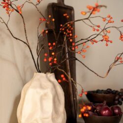 Rustieke witte keramieken vaas met decoratieve takken met oranjerode bessen, vintage houten snijplank en houten kom met uien en rozijnen, stijlvolle interieurdecoratie.