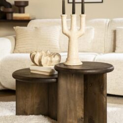 Uniquieke houten bijzettafels met houten afwerking, ideaal voor woonkamers en stijlvolle interieuraccessoires.