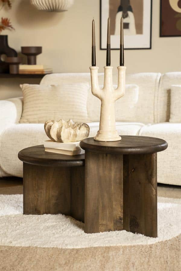 Uniquieke houten bijzettafels met houten afwerking, ideaal voor woonkamers en stijlvolle interieuraccessoires.