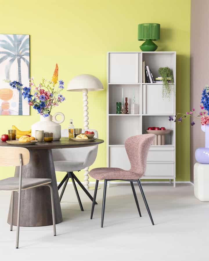 Gesjabloneerde witte boekenkast met decoratieve accessoires en planten in een modern, kleurrijk interieur.
